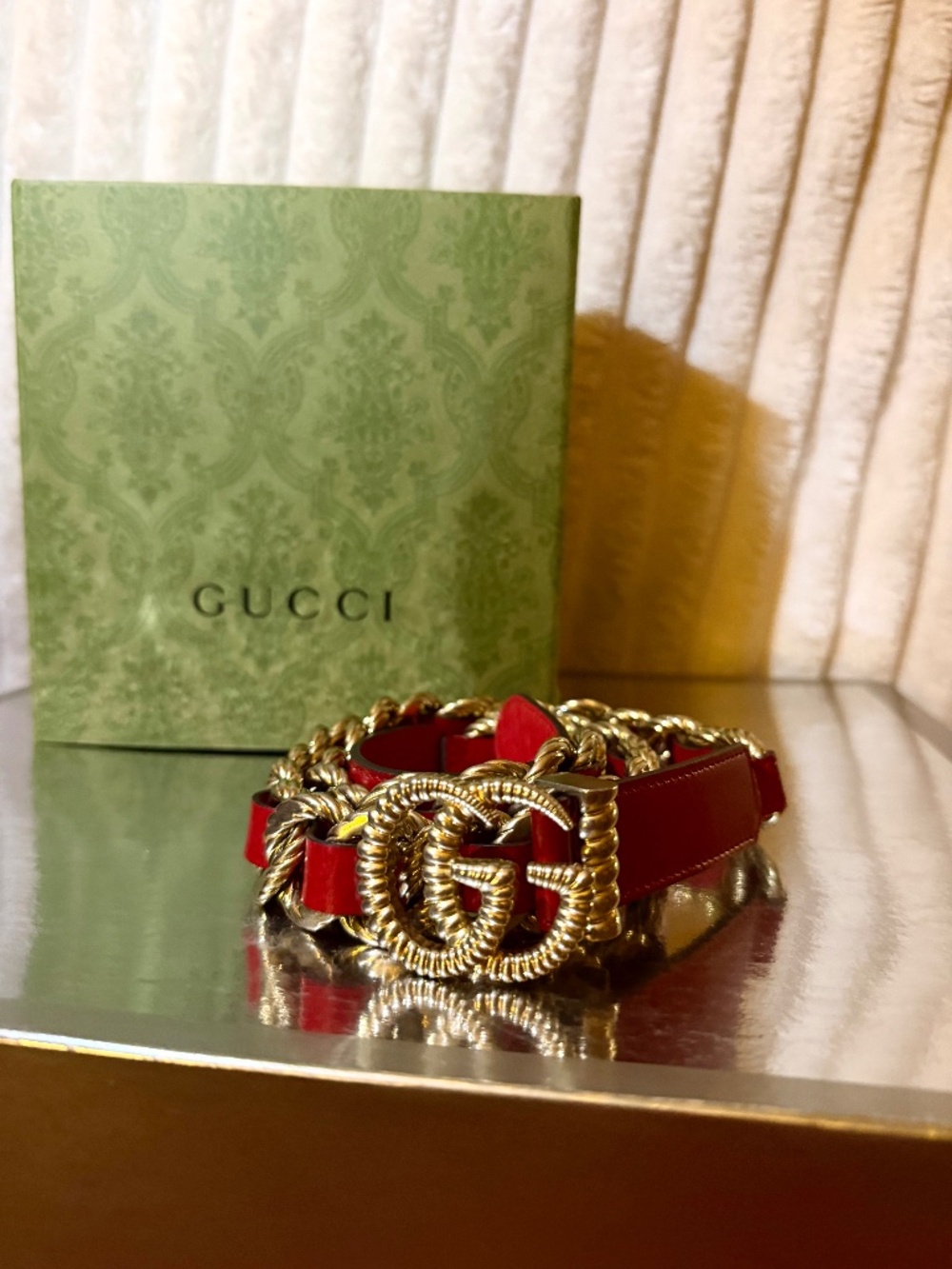 Authentic Gucci Red Leather Torchon Chain GG Buckle Belt